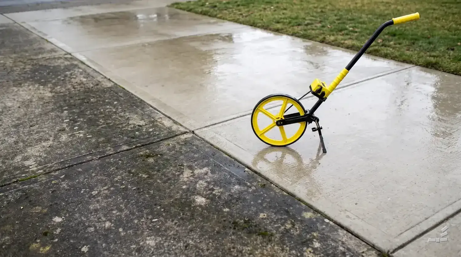 Photograph-style yellow surveyor's measuring wheel standing on the clean half of a concrete walkway, stained concrete below the diagonal and a lawn edge behind