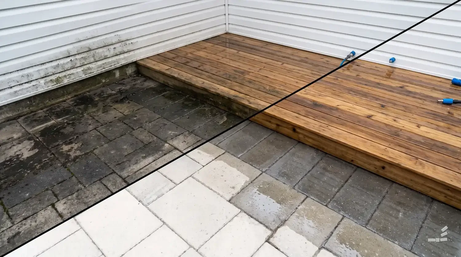 Photograph-style garden corner where a paver patio meets decking and vinyl siding, the pavers algae-stained on one side of the diagonal and washed clean on the other