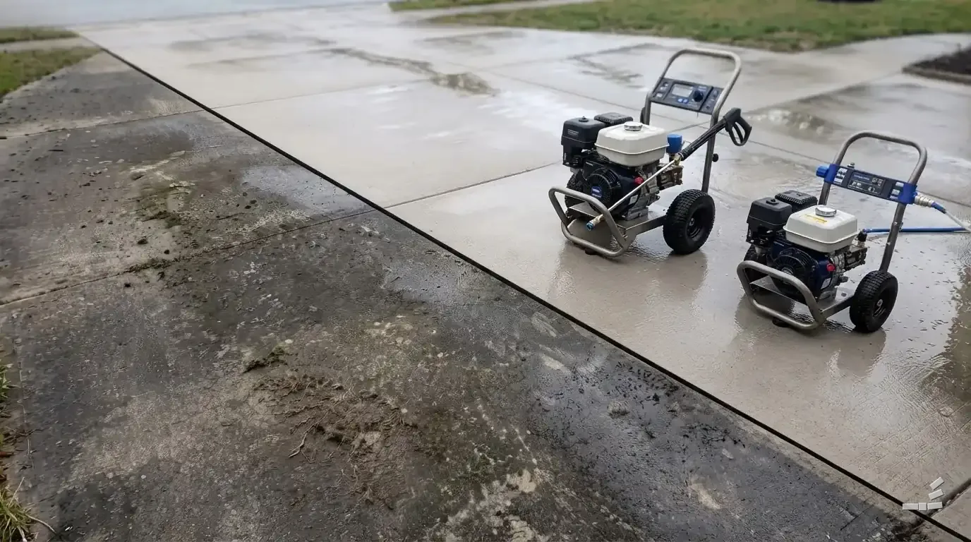 Photograph-style two unbranded petrol pressure washers on the clean half of a concrete apron, stained concrete below the diagonal