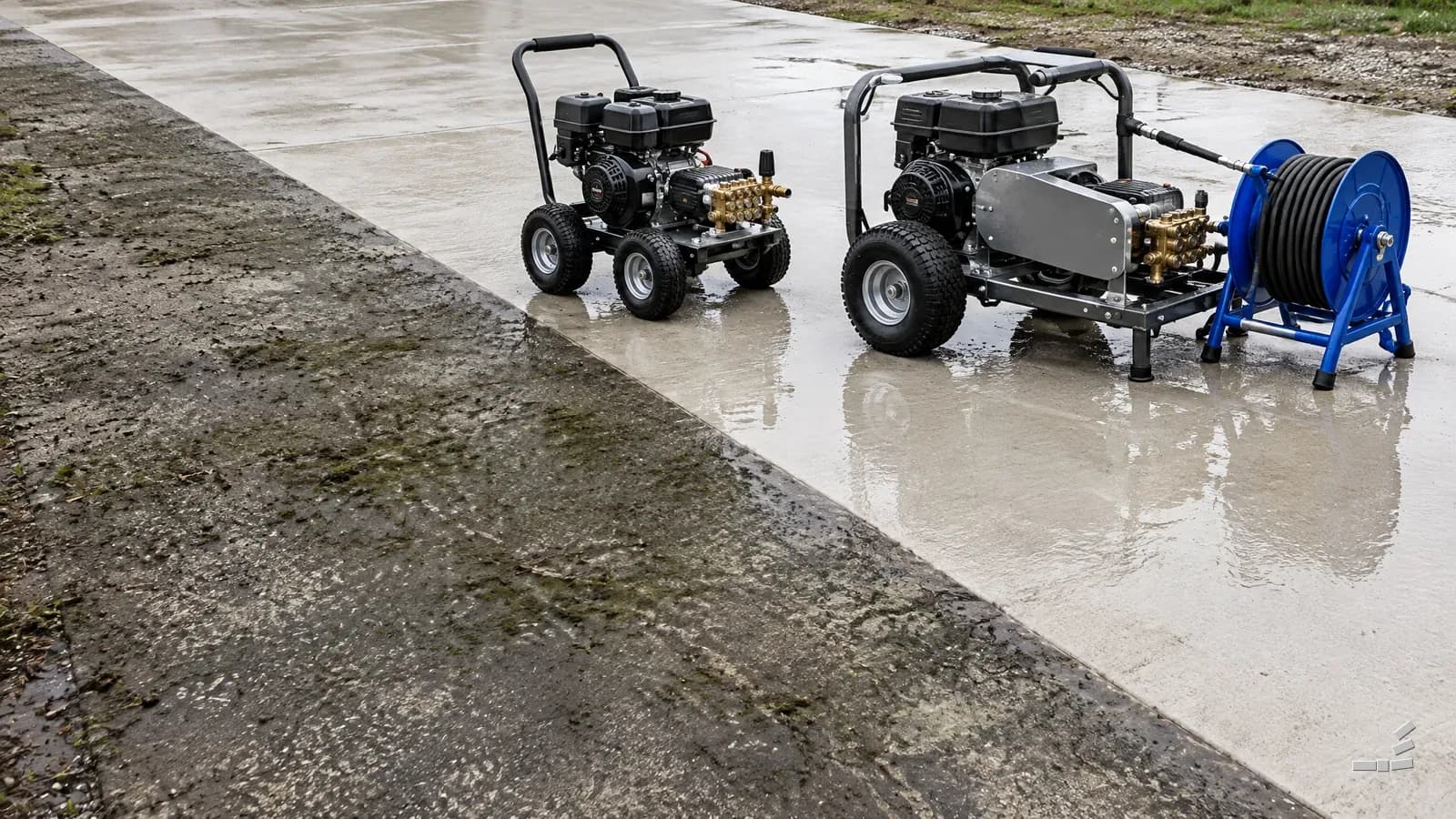 Photograph-style compact direct-drive pressure washer beside a larger belt-drive machine with a belt guard, on concrete stained on one side of the diagonal and washed on the other
