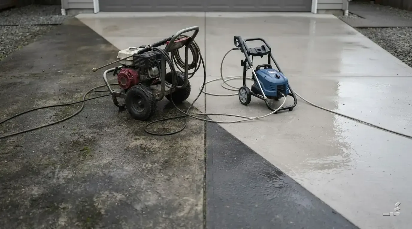 Photograph-style petrol pressure washer beside a smaller electric one on a garage forecourt, the concrete stained on one side of the diagonal and washed on the other