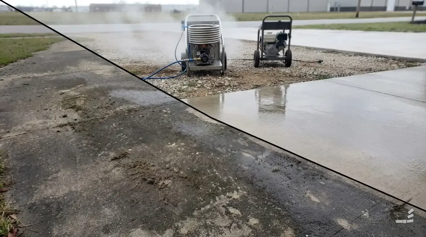 Photograph-style steaming hot-water machine beside a cold-water machine on a gravel strip, the concrete apron behind split between stained and clean
