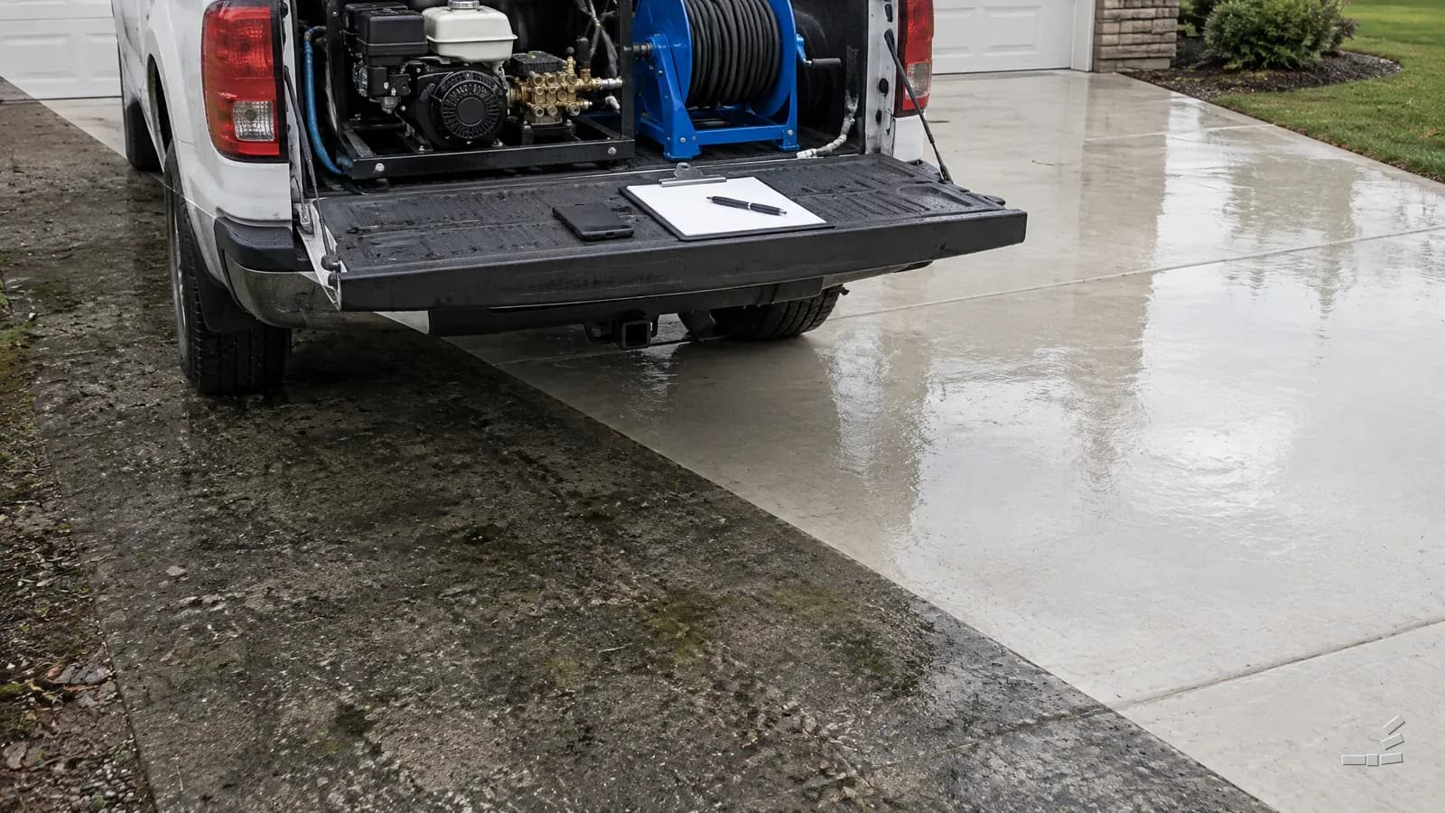 Photograph-style phone and blank job sheet on a work truck's tailgate, parked on a driveway that is grimy on one side of the diagonal and washed clean on the other
