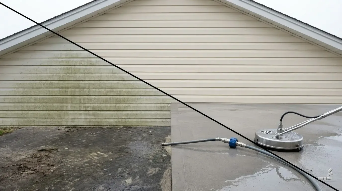 Photograph-style house wall half cleaned with two nozzle types side by side