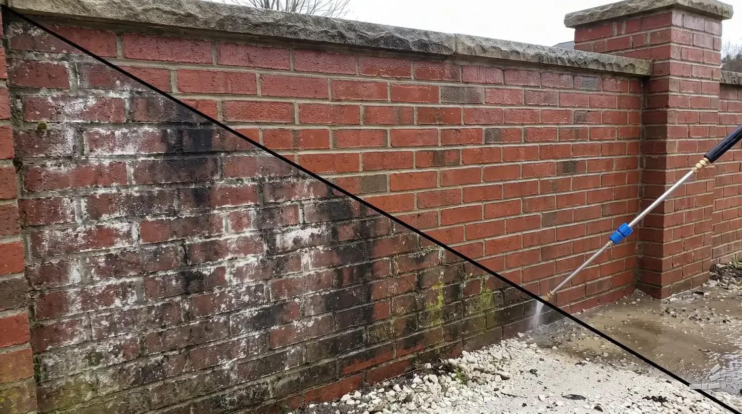 Photograph-style brick wall half cleaned along a diagonal