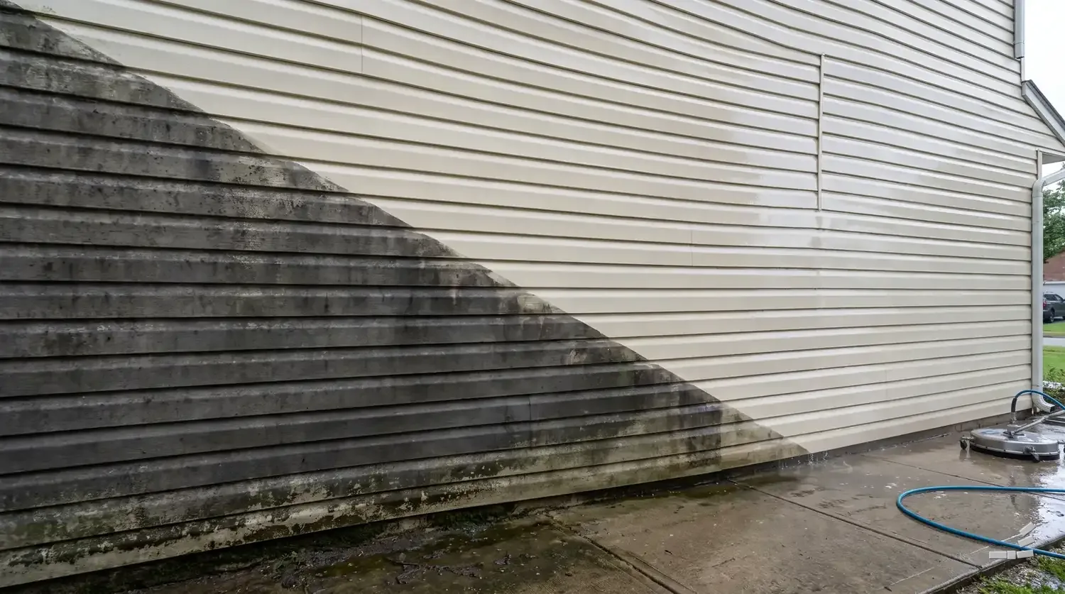 Photograph-style vinyl siding half cleaned along a diagonal