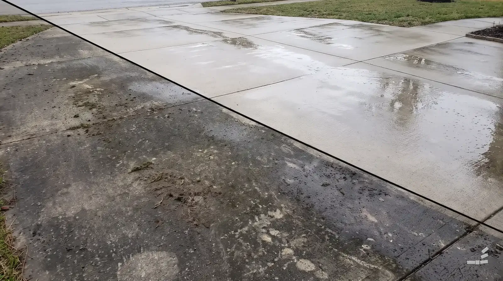 Photograph-style concrete patio slab half cleaned along a diagonal