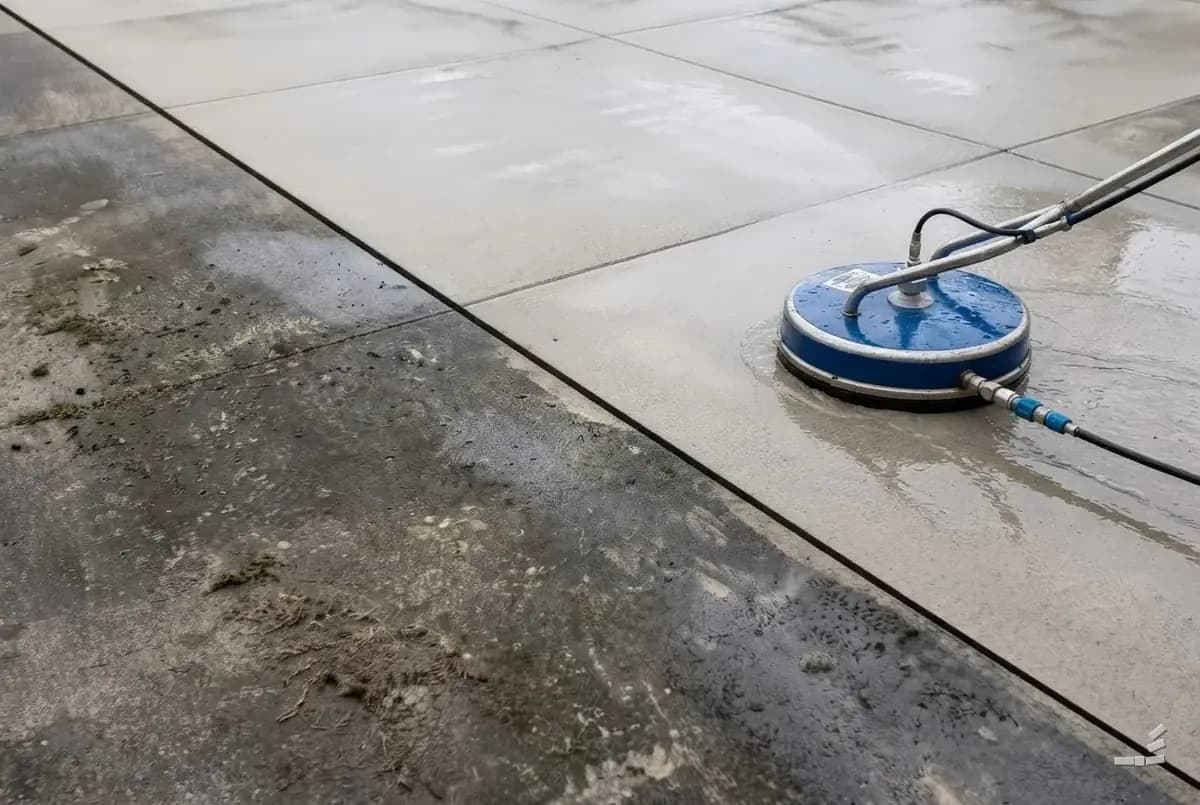 Photograph-style surface cleaner mid-pass leaving a stripe of bare pale grey concrete