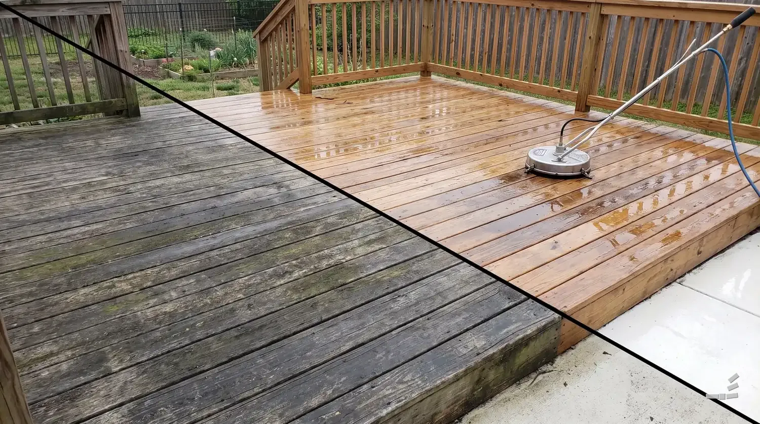 Photograph-style cedar deck half cleaned along a diagonal