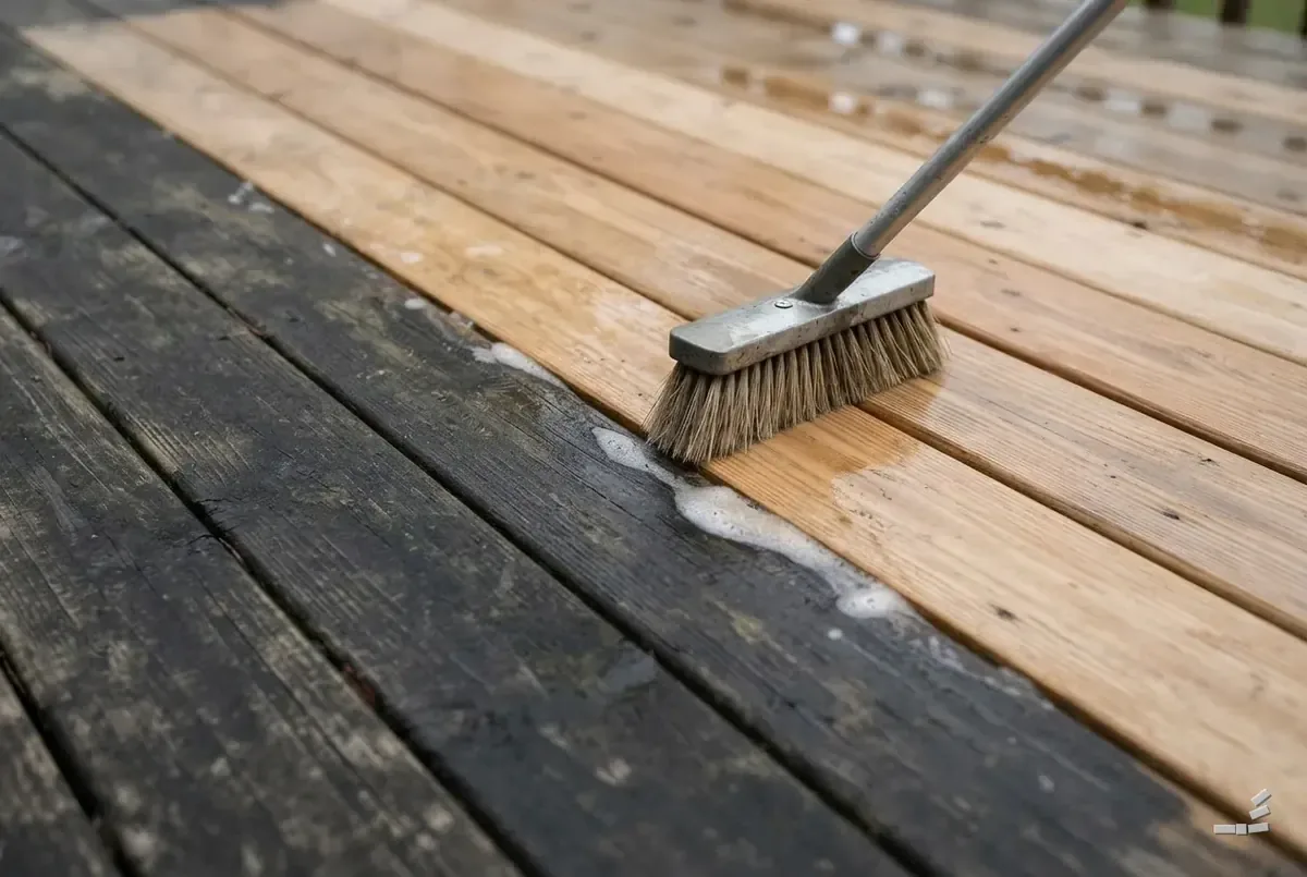 Photograph-style cedar deck half cleaned along a diagonal — close detail
