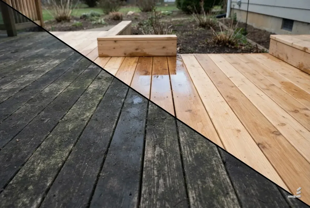 Photograph-style cedar deck half cleaned along a diagonal — second view