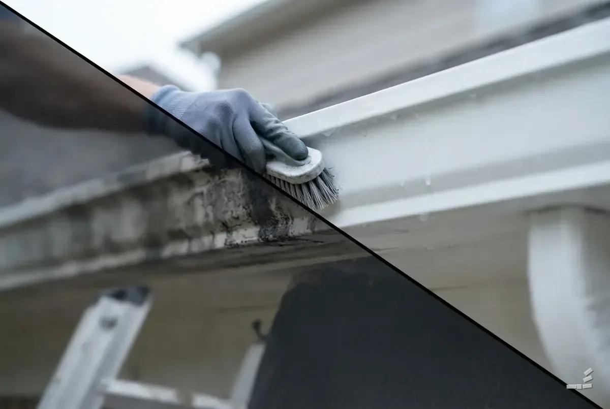 Photograph-style white gutter half cleaned of tiger stripes — close detail