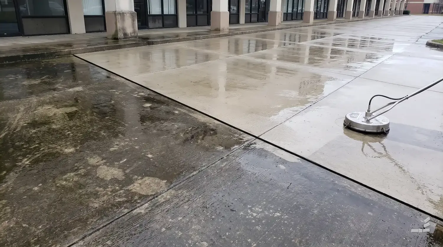 Photograph-style commercial concrete apron half cleaned along a diagonal