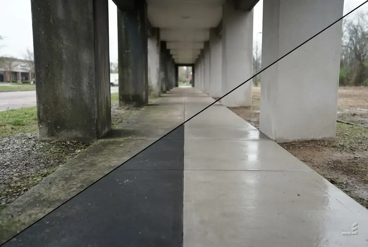 Photograph-style covered concrete walkway between columns, soiled dark concrete on one side of the diagonal and bare wet clean concrete on the other