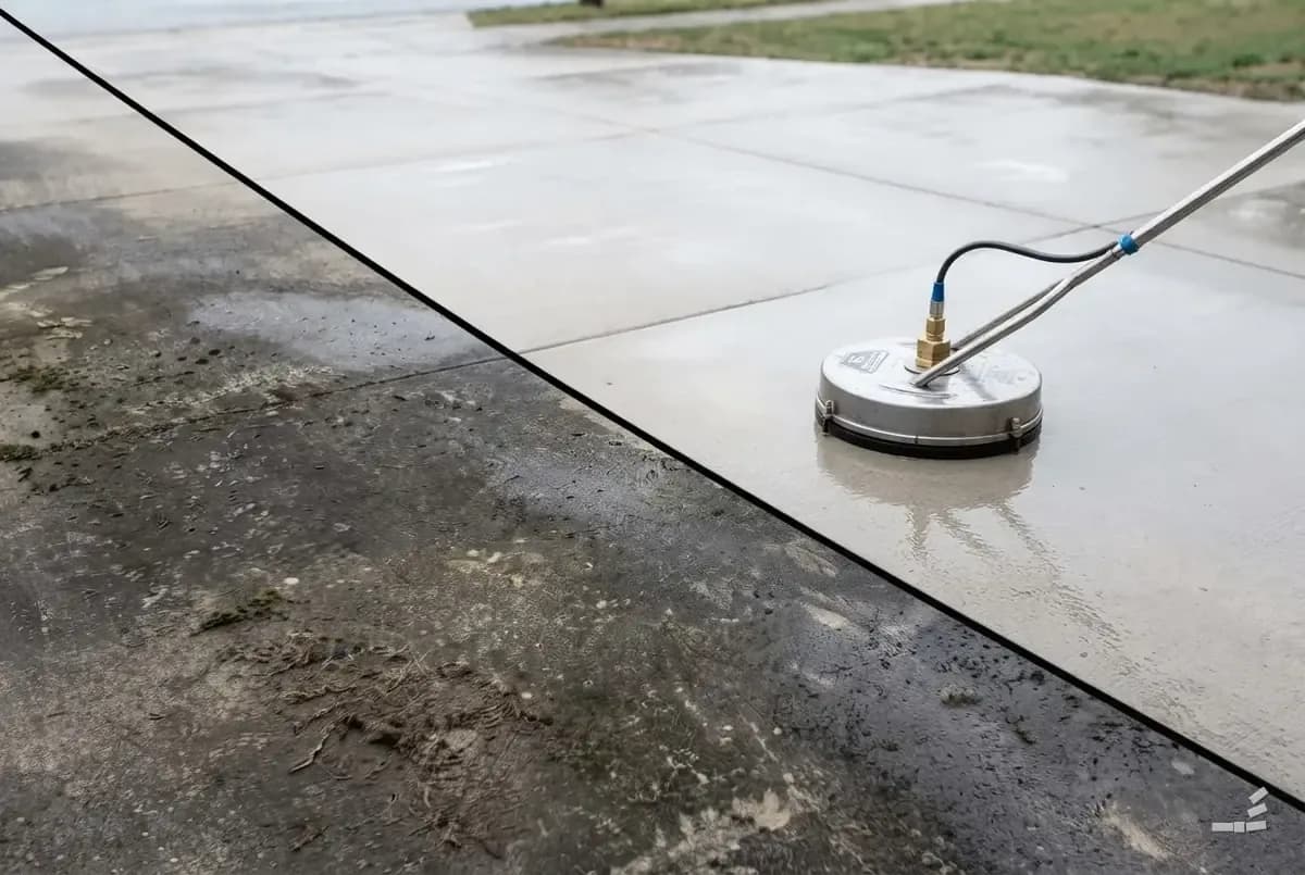 Photograph-style two-car driveway half cleaned along a diagonal — close detail