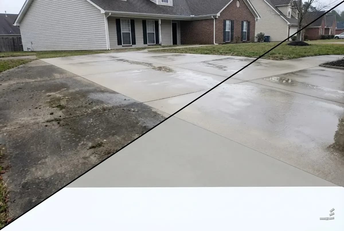 Photograph-style two-car driveway half cleaned along a diagonal — second view
