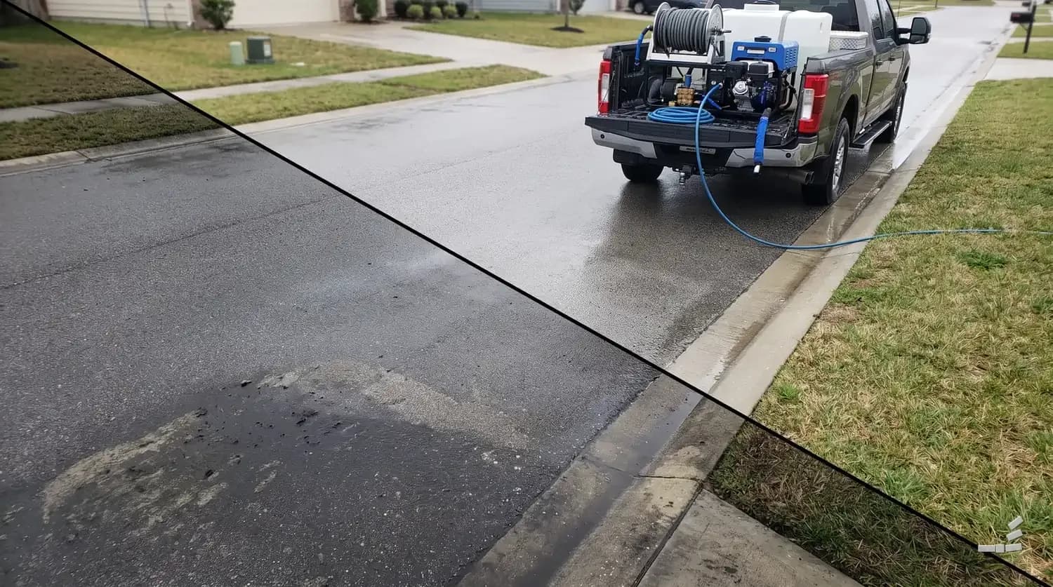 Photograph-style truck rig with pressure washer on clean concrete
