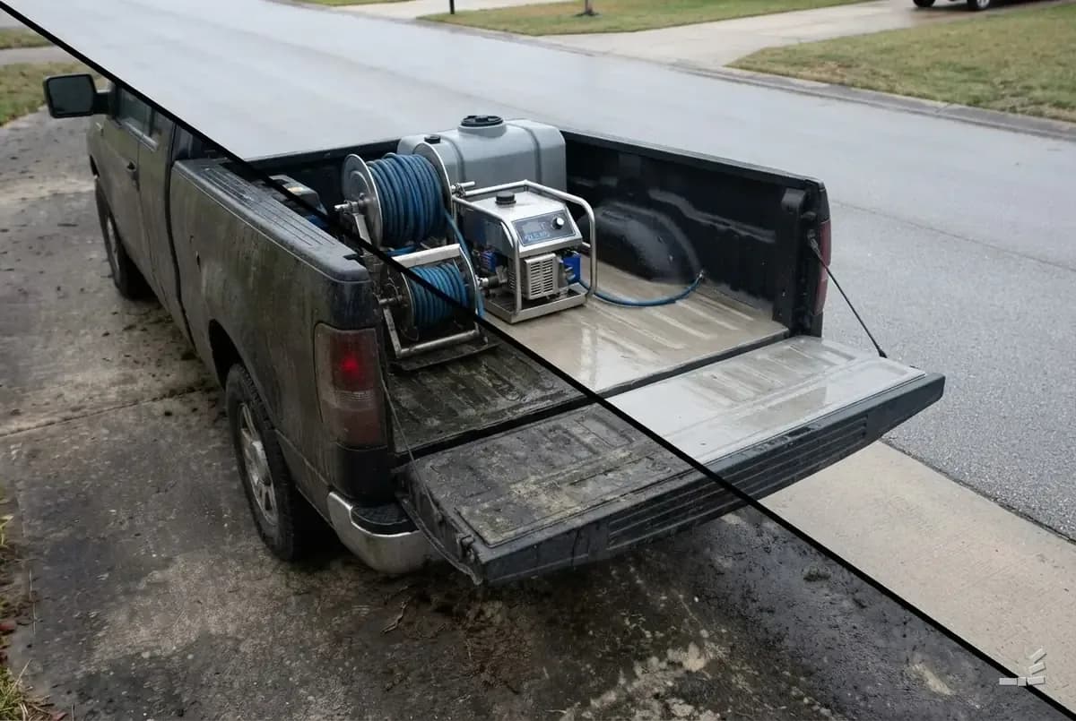 Photograph-style truck rig with pressure washer on clean concrete — close detail