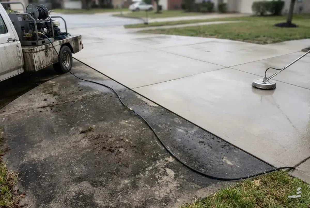 Photograph-style truck rig with pressure washer on clean concrete — second view