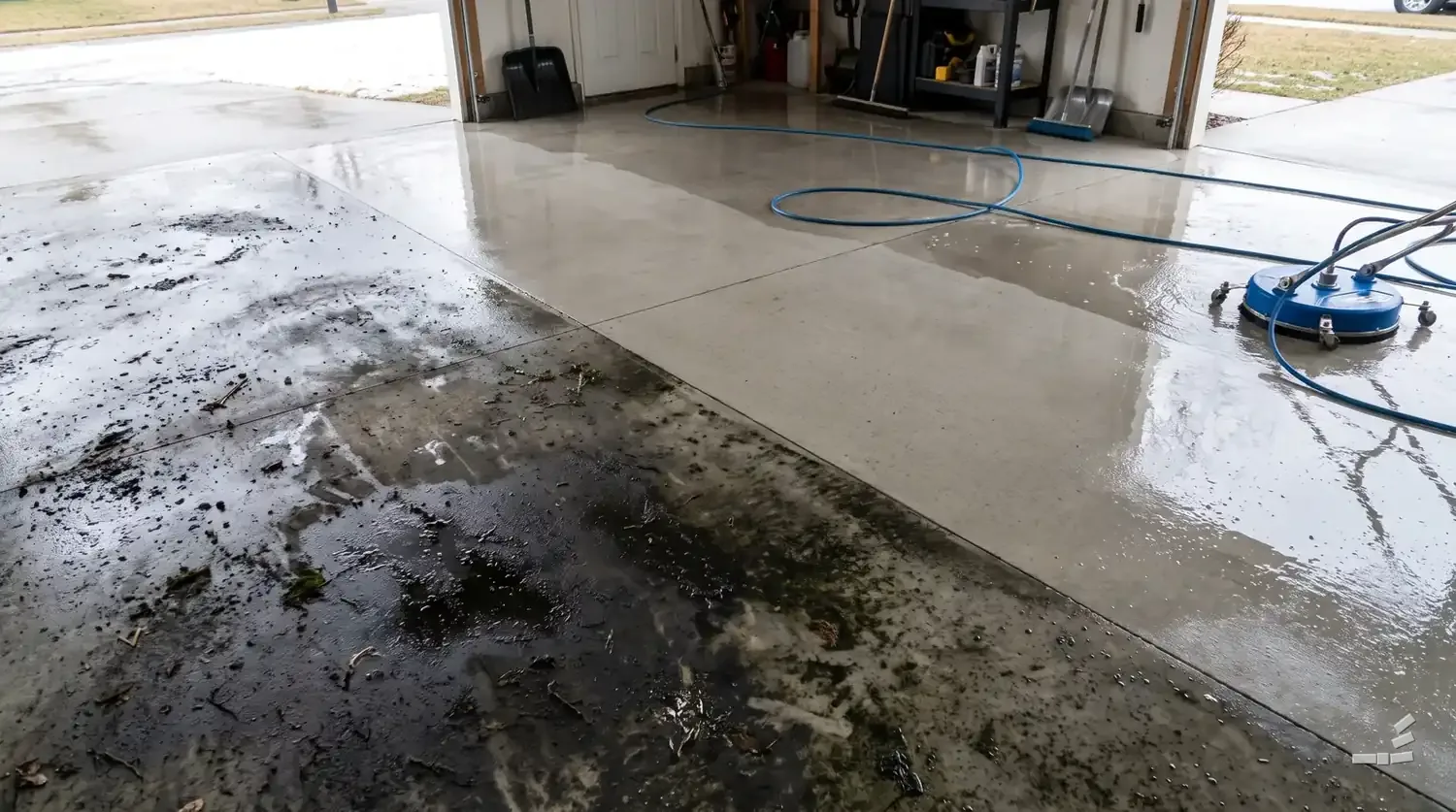 Photograph-style garage floor with an oil stain on the uncleaned half