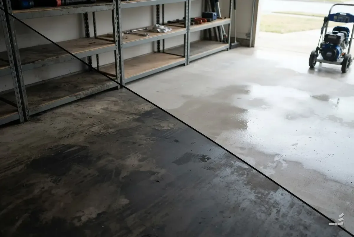 Photograph-style garage floor with an oil stain on the uncleaned half — second view
