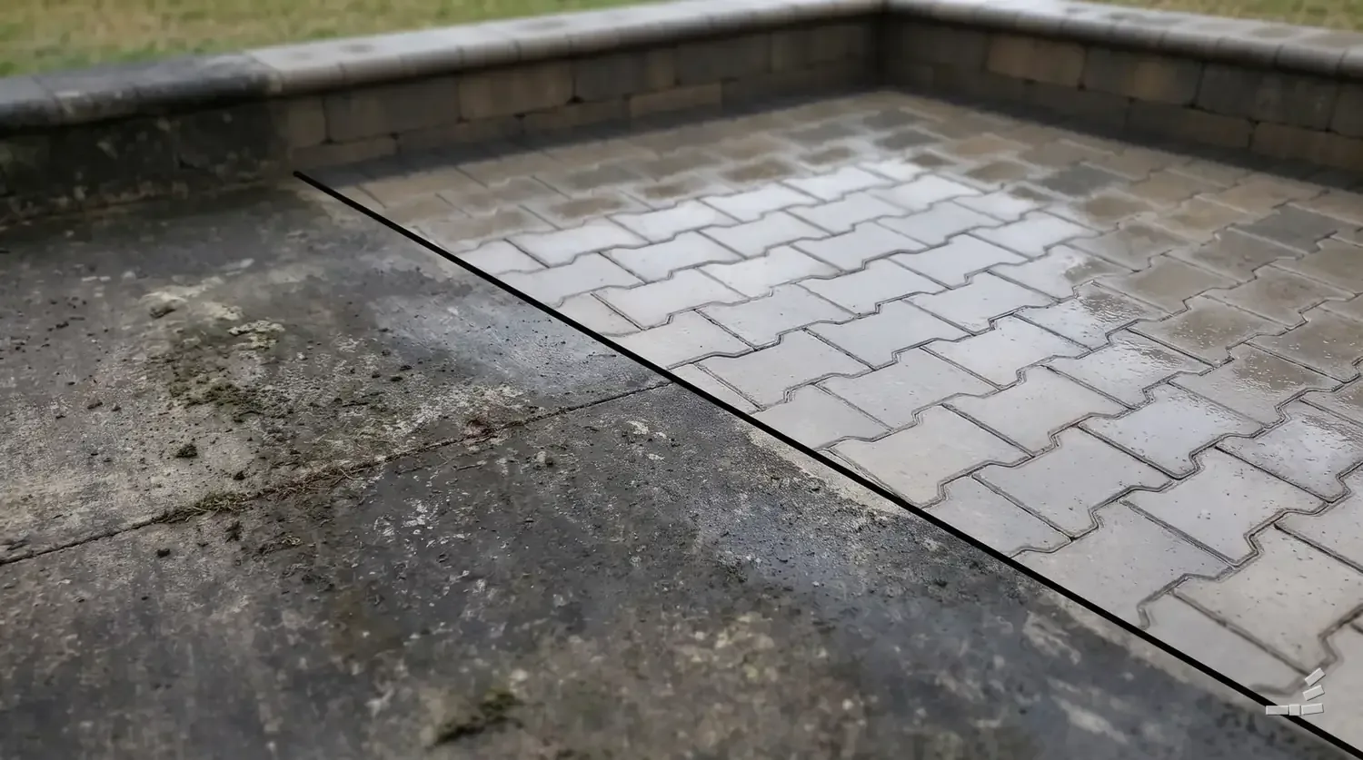 Photograph-style paver patio half sealed along a diagonal