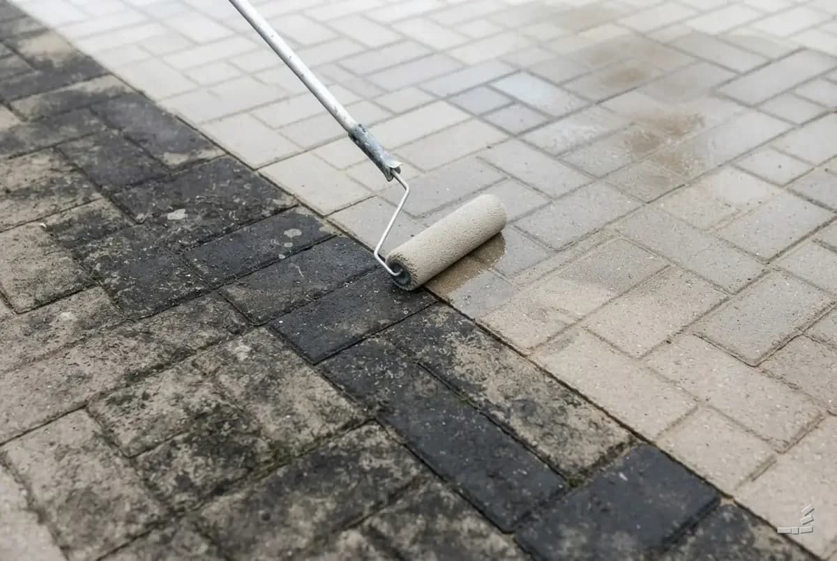 Photograph-style roller laying clear sealer across pavers, the sealed half only darker and glossier
