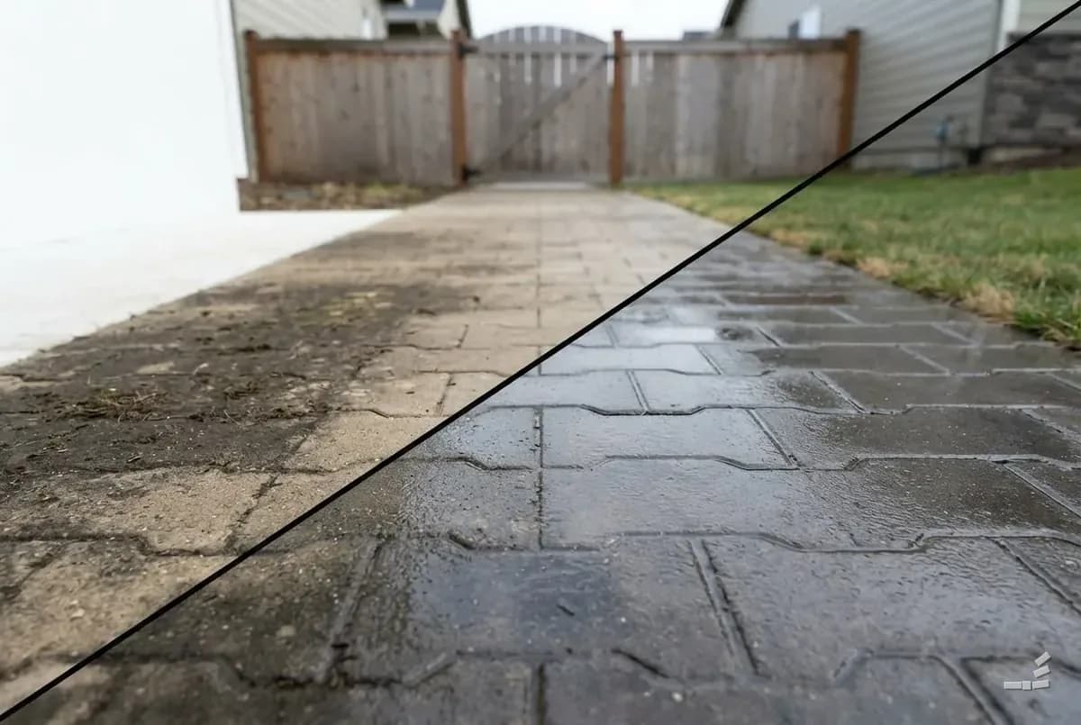 Photograph-style paver patio half sealed along a diagonal — second view