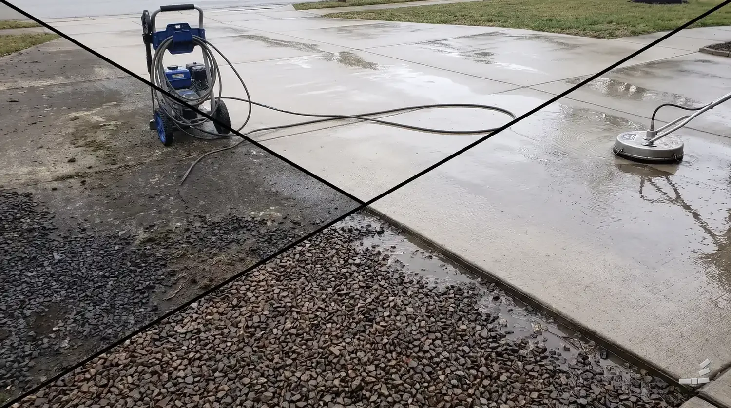 Photograph-style pressure washer on concrete split between grime and clean