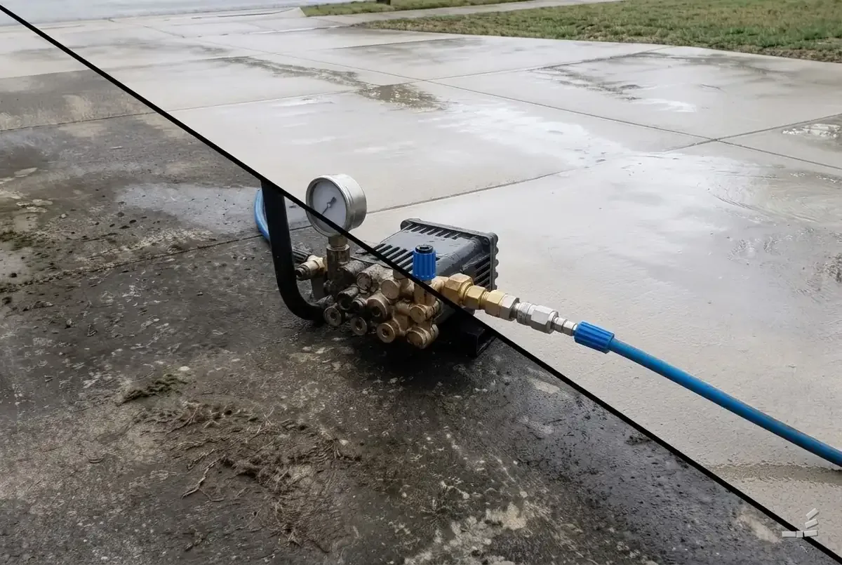Photograph-style pressure washer on concrete split between grime and clean — close detail