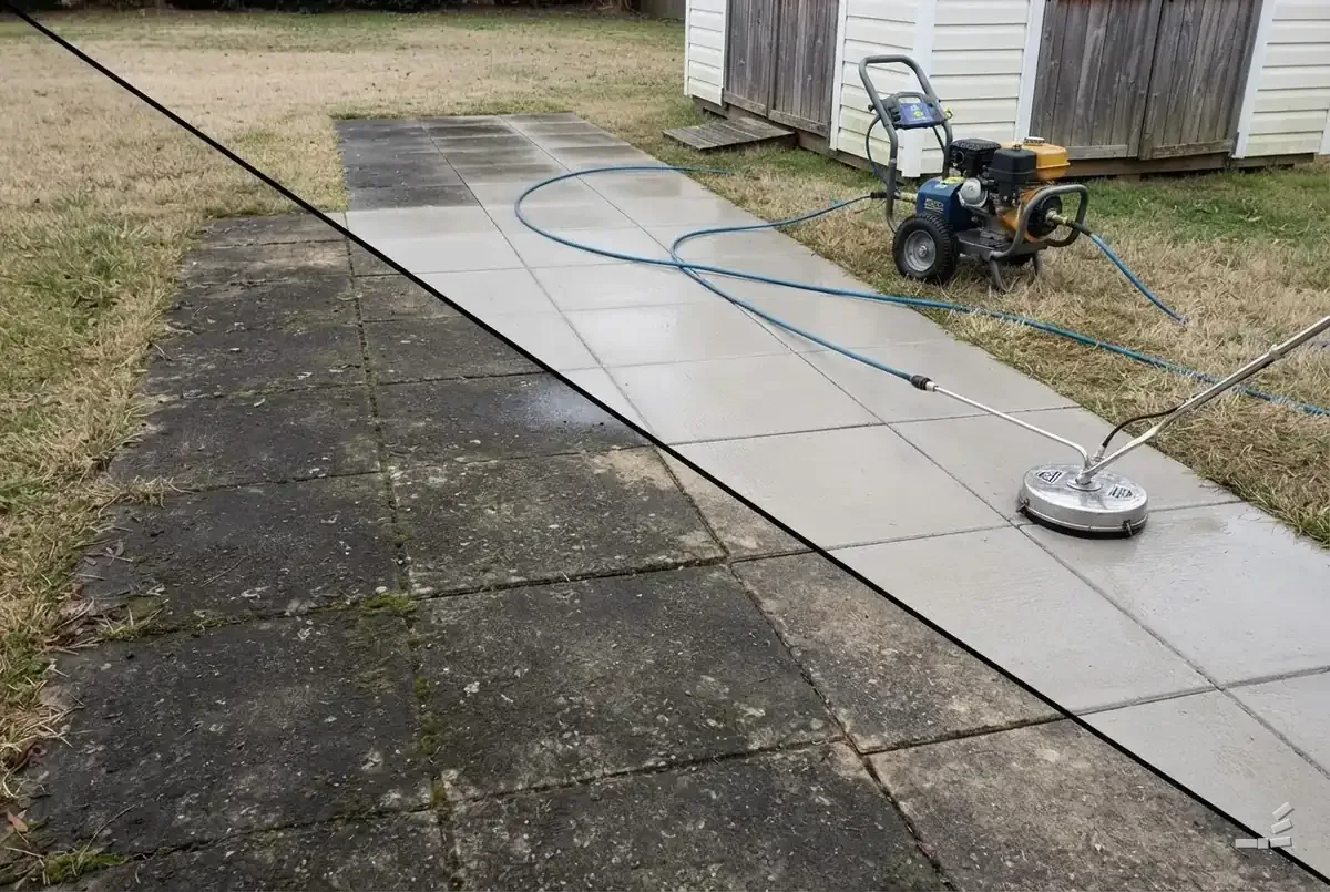 Photograph-style pressure washer on concrete split between grime and clean — second view