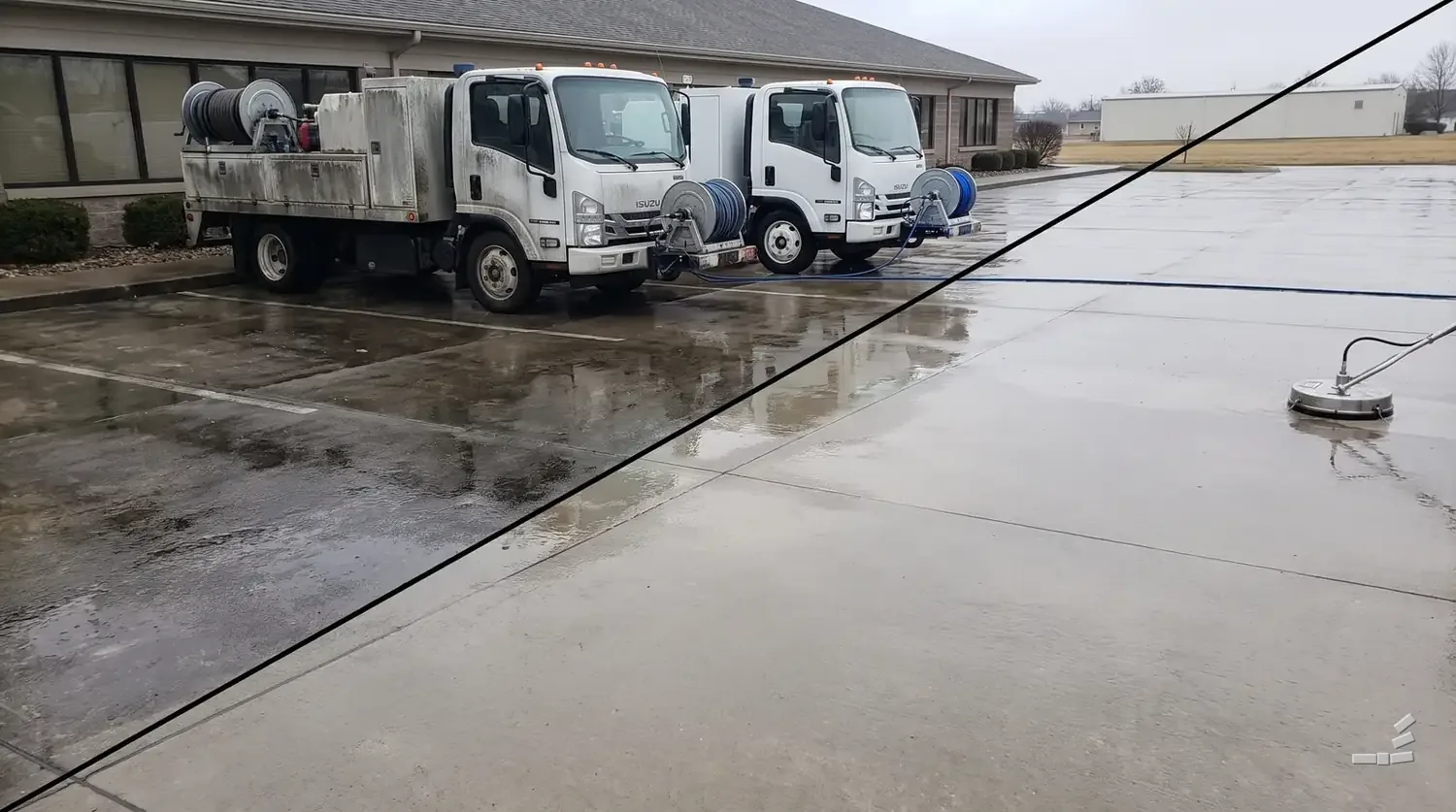 Photograph-style two work trucks on a half-cleaned commercial lot