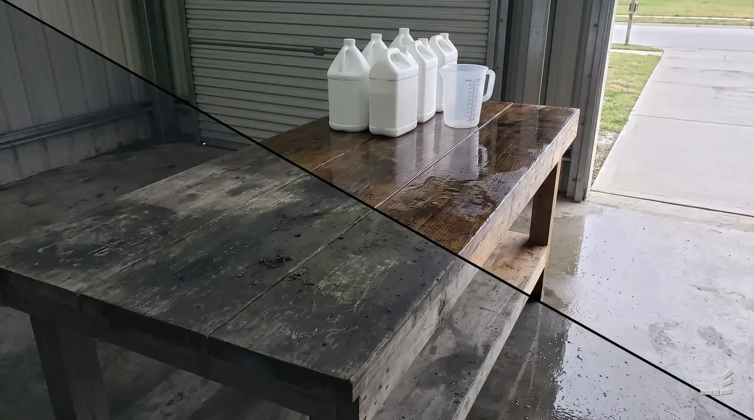 Photograph-style plain white jugs and a measuring jug on a timber workbench, its boards weathered on one side of the diagonal and washed pale on the other