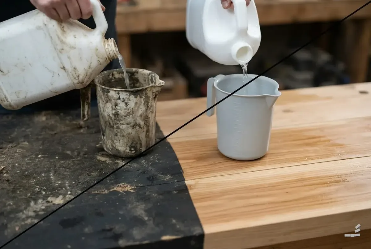Photograph-style jug being poured into a measuring jug over a workbench — the soiled jug and dark boards on one side of the diagonal, the clean jug and pale boards on the other