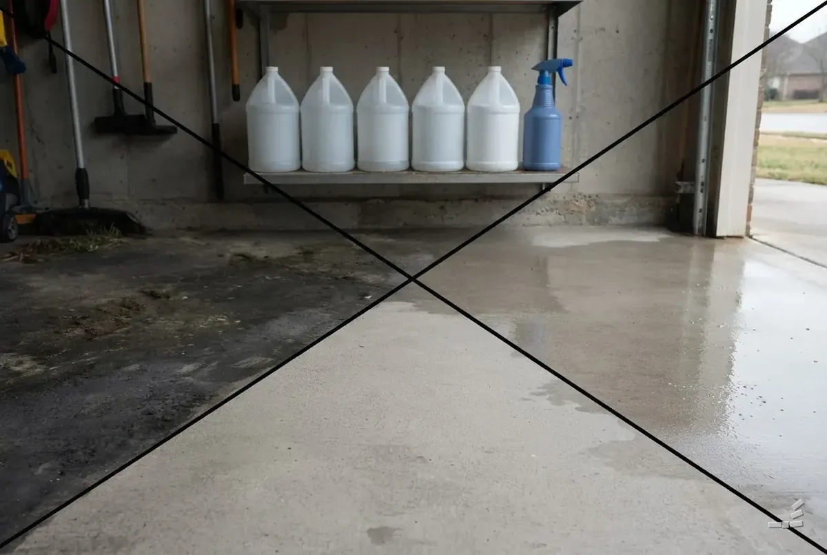 Photograph-style shelf rack of plain white jugs in a garage, the floor stained on one side of the diagonal and washed clean on the other