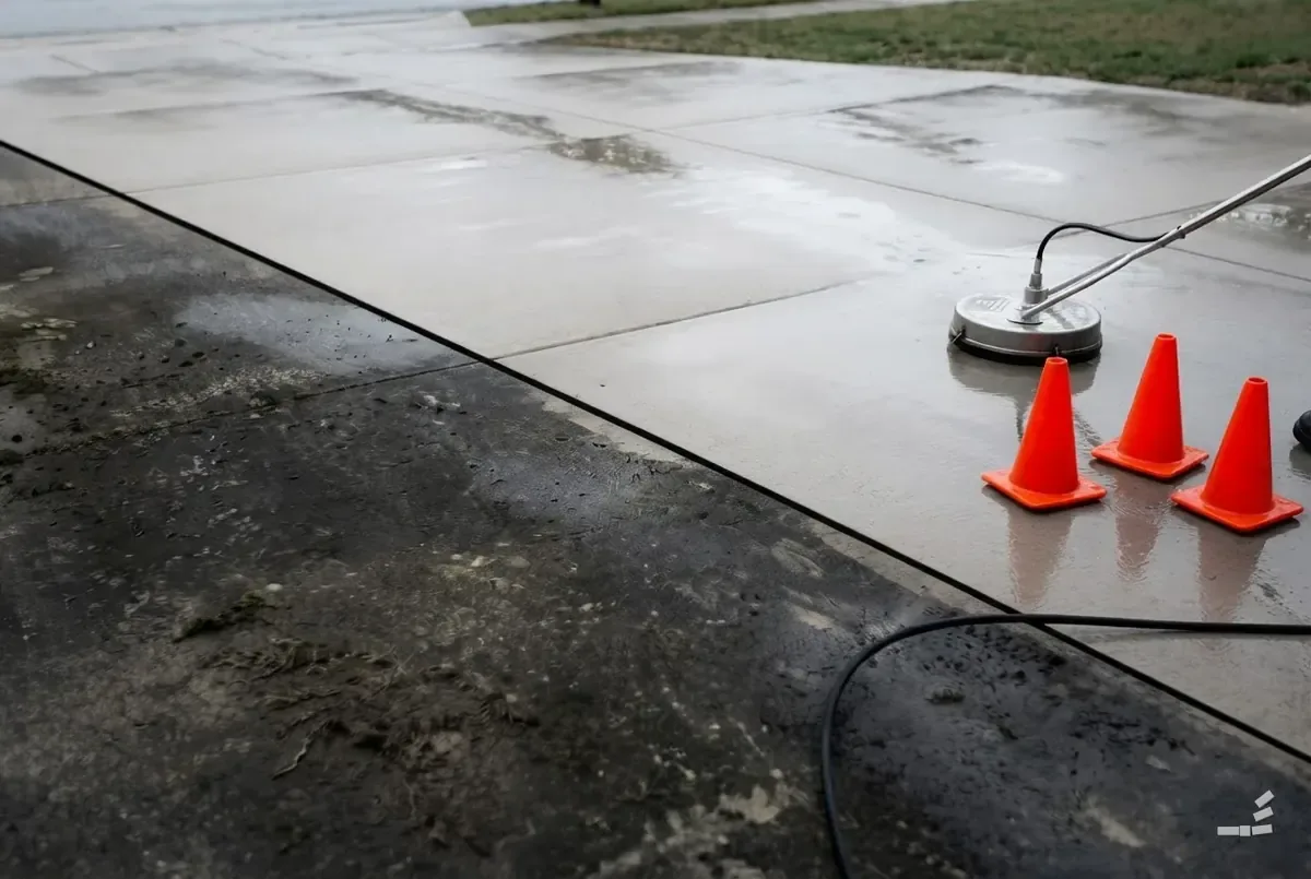 Photograph-style hoses, orange cones and a surface cleaner on a half-cleaned driveway