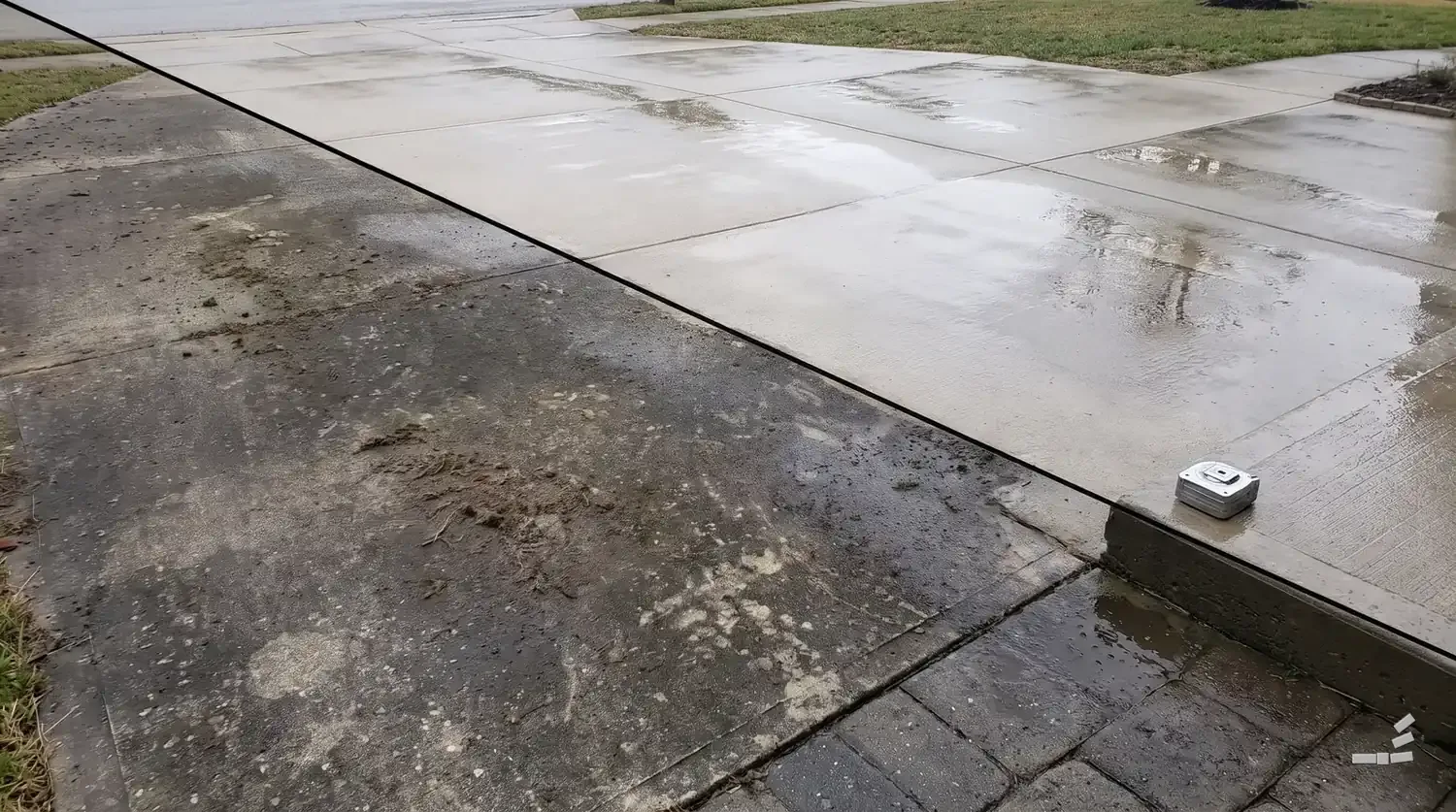 Photograph-style driveway half cleaned along a diagonal beside a tape measure