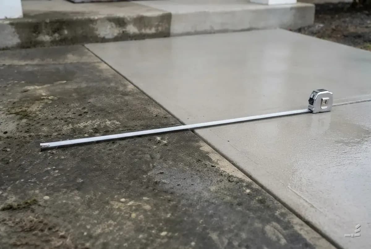 Photograph-style driveway half cleaned along a diagonal beside a tape measure — close detail
