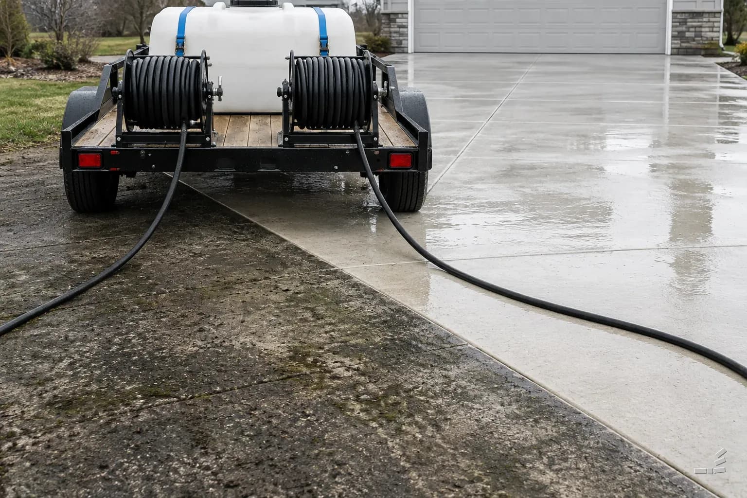 Photograph-style rear view of an open trailer with two hose reels and a white poly tank strapped down, over a driveway that is grimy on one side of the diagonal and clean on the other