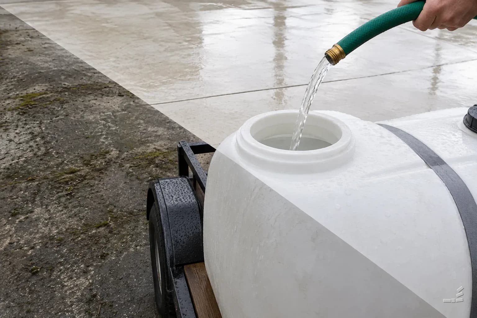 Photograph-style close view of a garden hose end held above the open fill of a white poly tank, over concrete that is grimy on one side of the diagonal and clean on the other