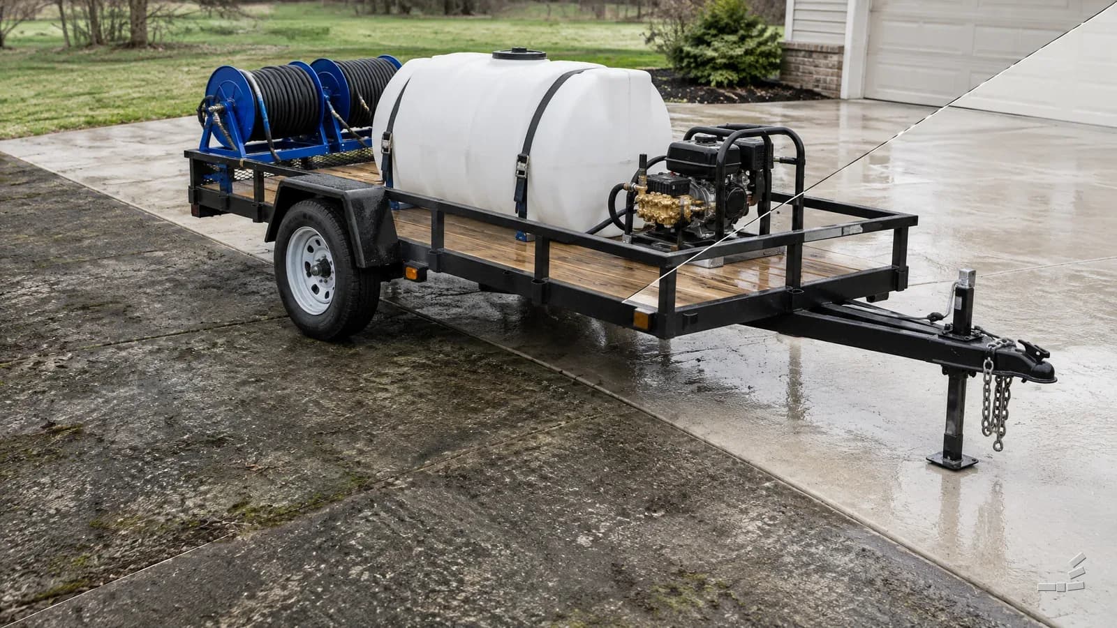 Photograph-style open utility trailer carrying a plain white water tank and two hose reels, parked on a concrete apron that is grimy on one side of the diagonal and washed clean on the other