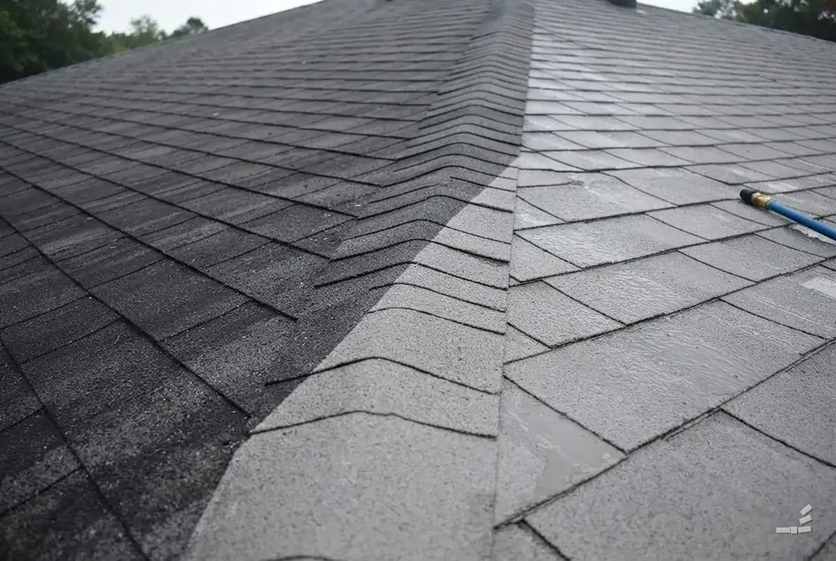 Photograph-style shingle roof ridge with soft-wash foam sheeting down the slope