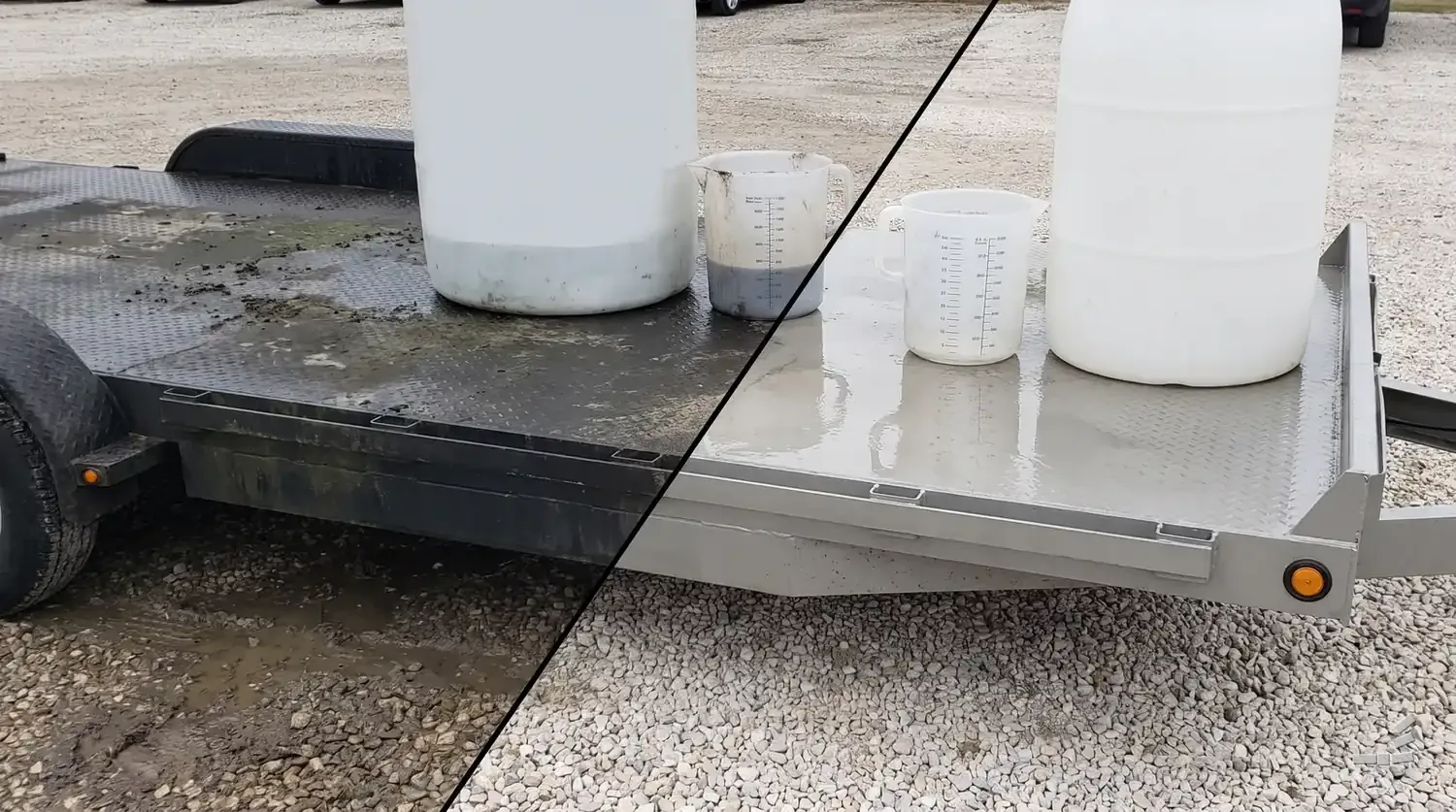 Photograph-style white drum and a clear measuring jug standing on the wiped-clean half of a steel trailer deck, gravel yard behind
