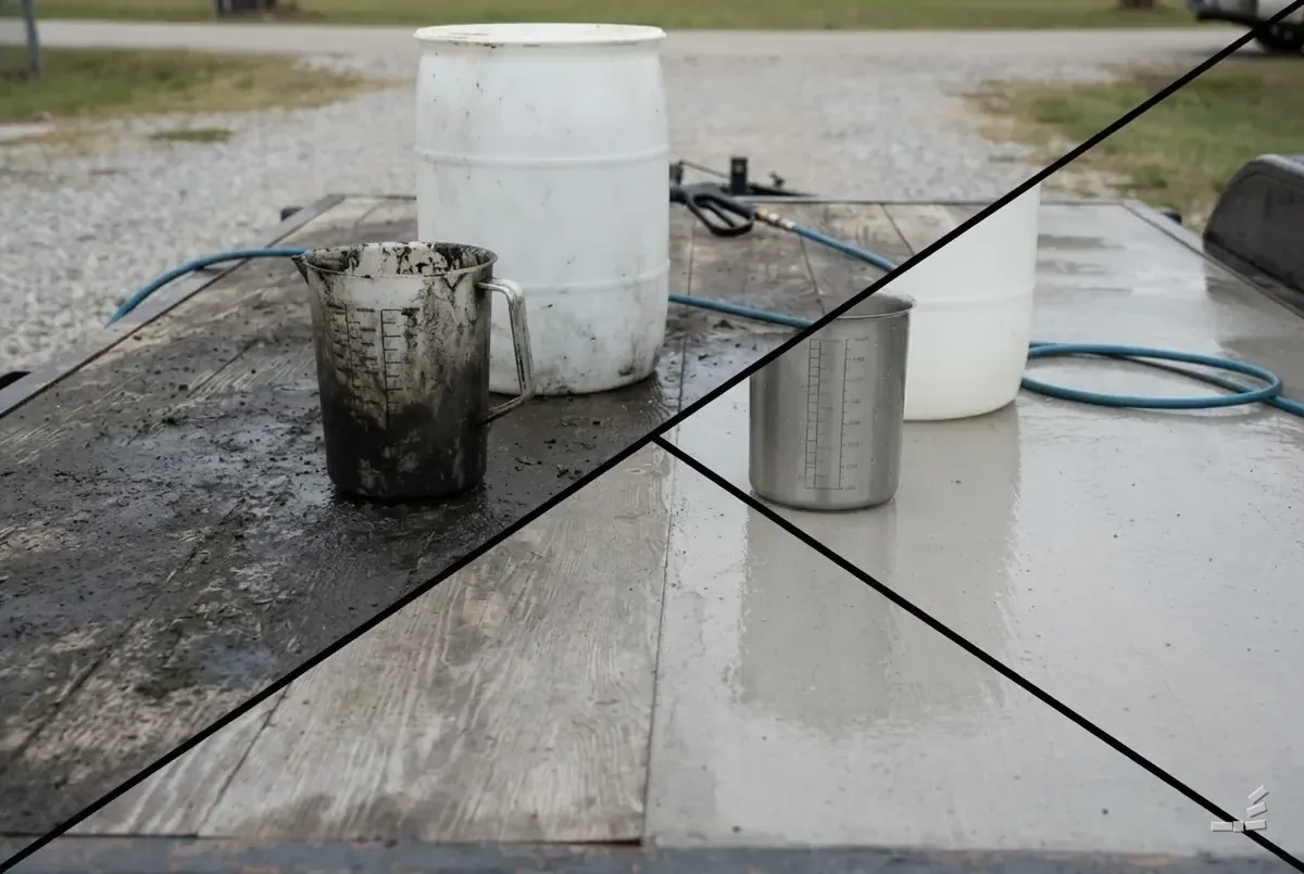 Photograph-style algae-stained jug on the grimed half of a trailer deck beside a clean measuring jug and a capped white drum on the washed half