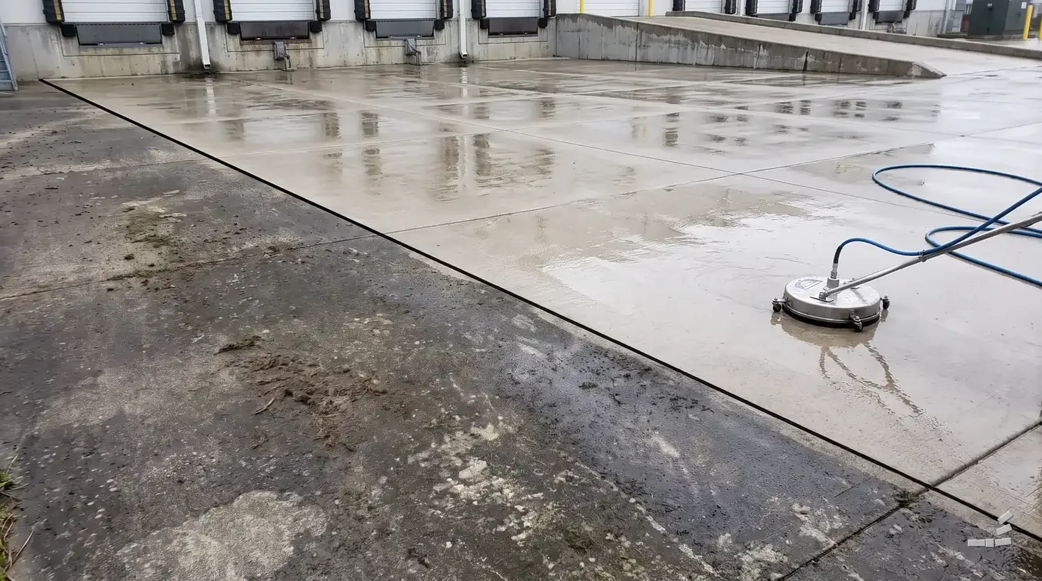 Photograph-style surface cleaner mid-pass leaving a clean band
