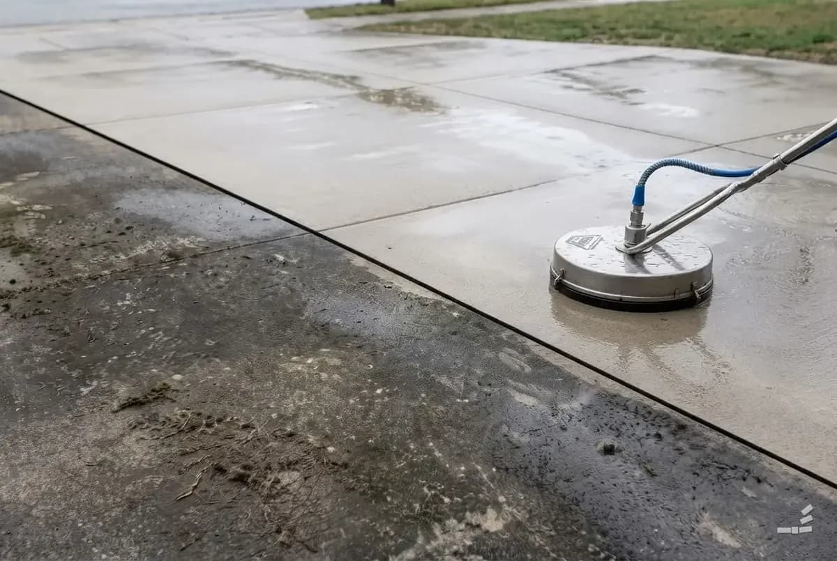 Photograph-style surface cleaner mid-pass leaving a clean band — close detail