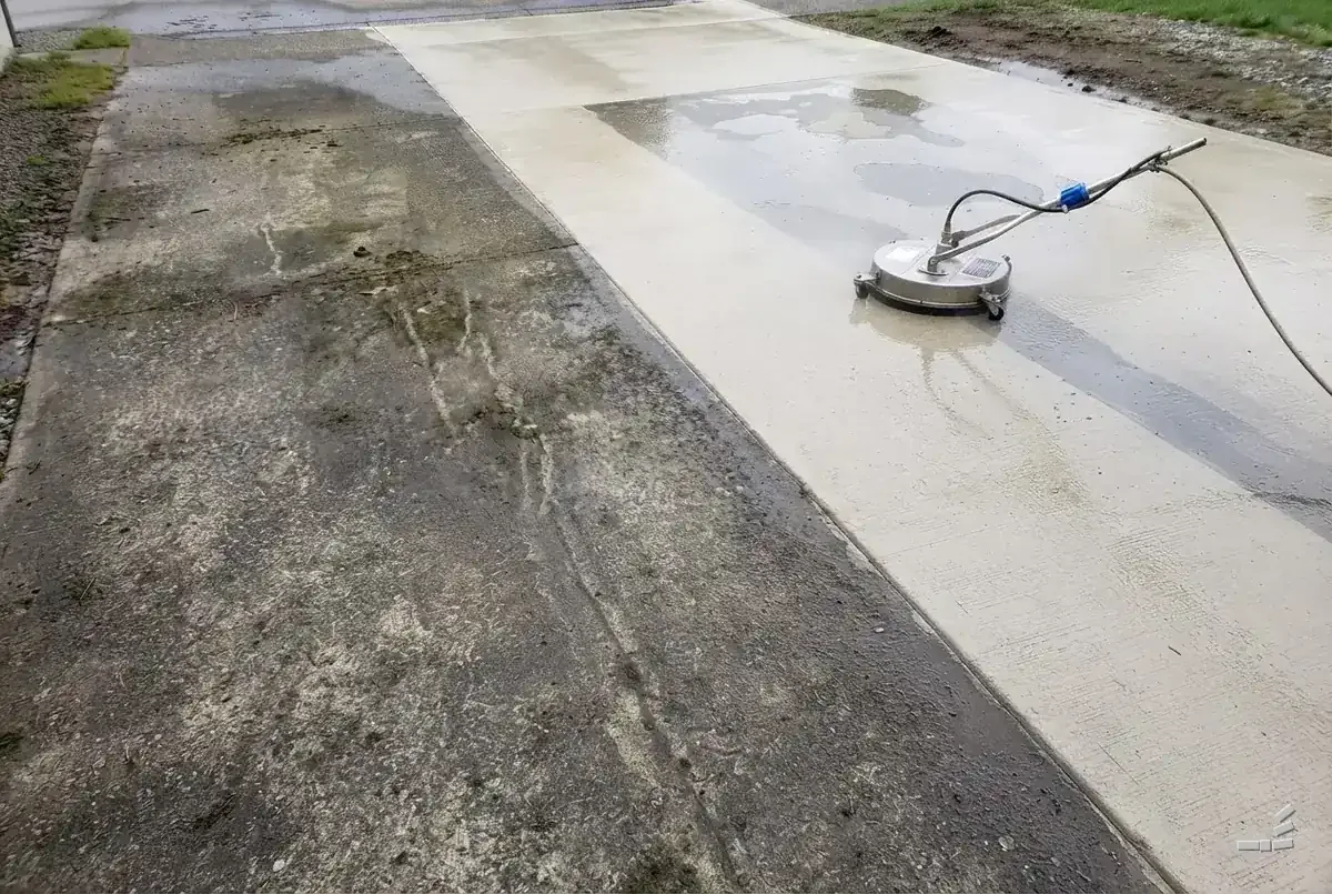 Photograph-style surface cleaner mid-pass, leaving a bare clean band across a stained concrete drive