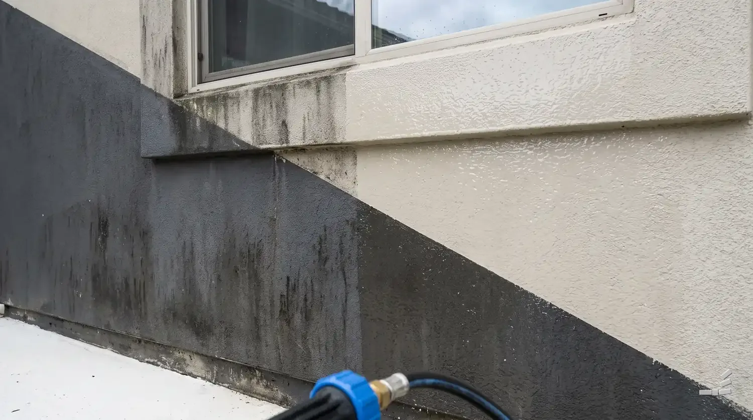 Photograph-style stucco wall half cleaned along a diagonal