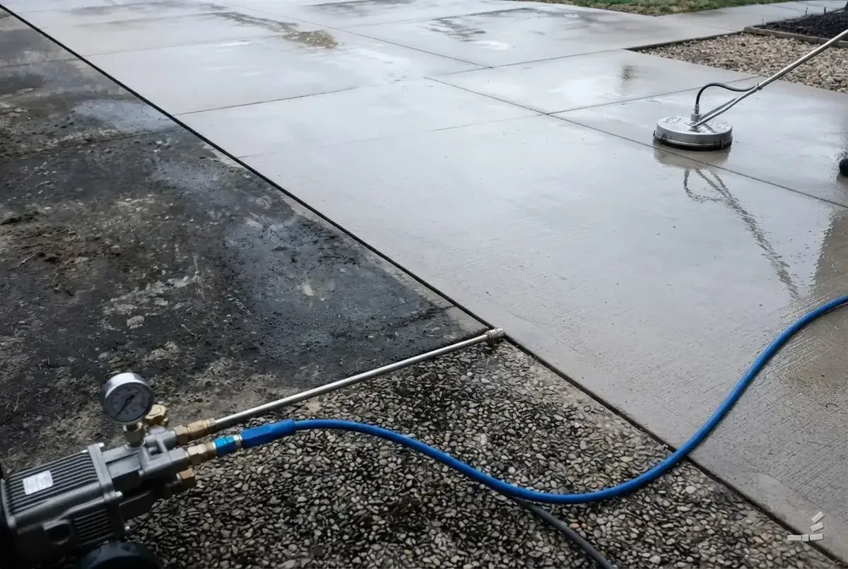 Photograph-style pump and pressure gauge on gravel, its hose running to a surface cleaner on a concrete slab half stained and half washed