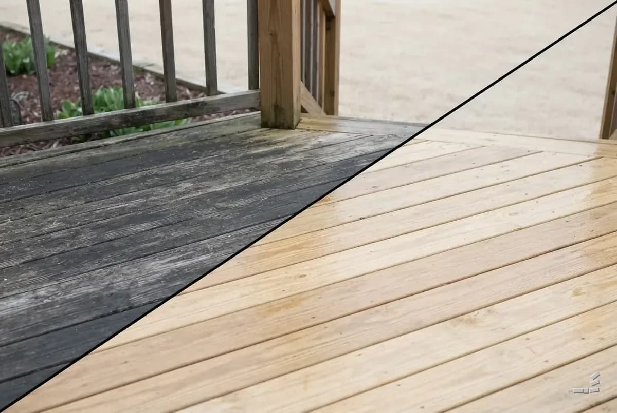 Photograph-style deck boards and railing, weathered grey on one side of the diagonal and bare timber on the other